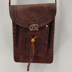 Embossed Brown All Leather Crossbody Bag Adjustable Strap